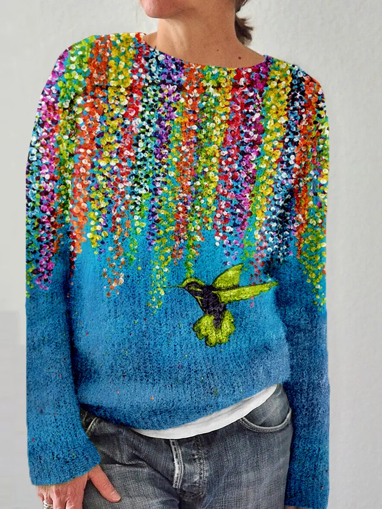 VChics Flowers and Hummingbird Art Crew Neck Cozy Sweater
