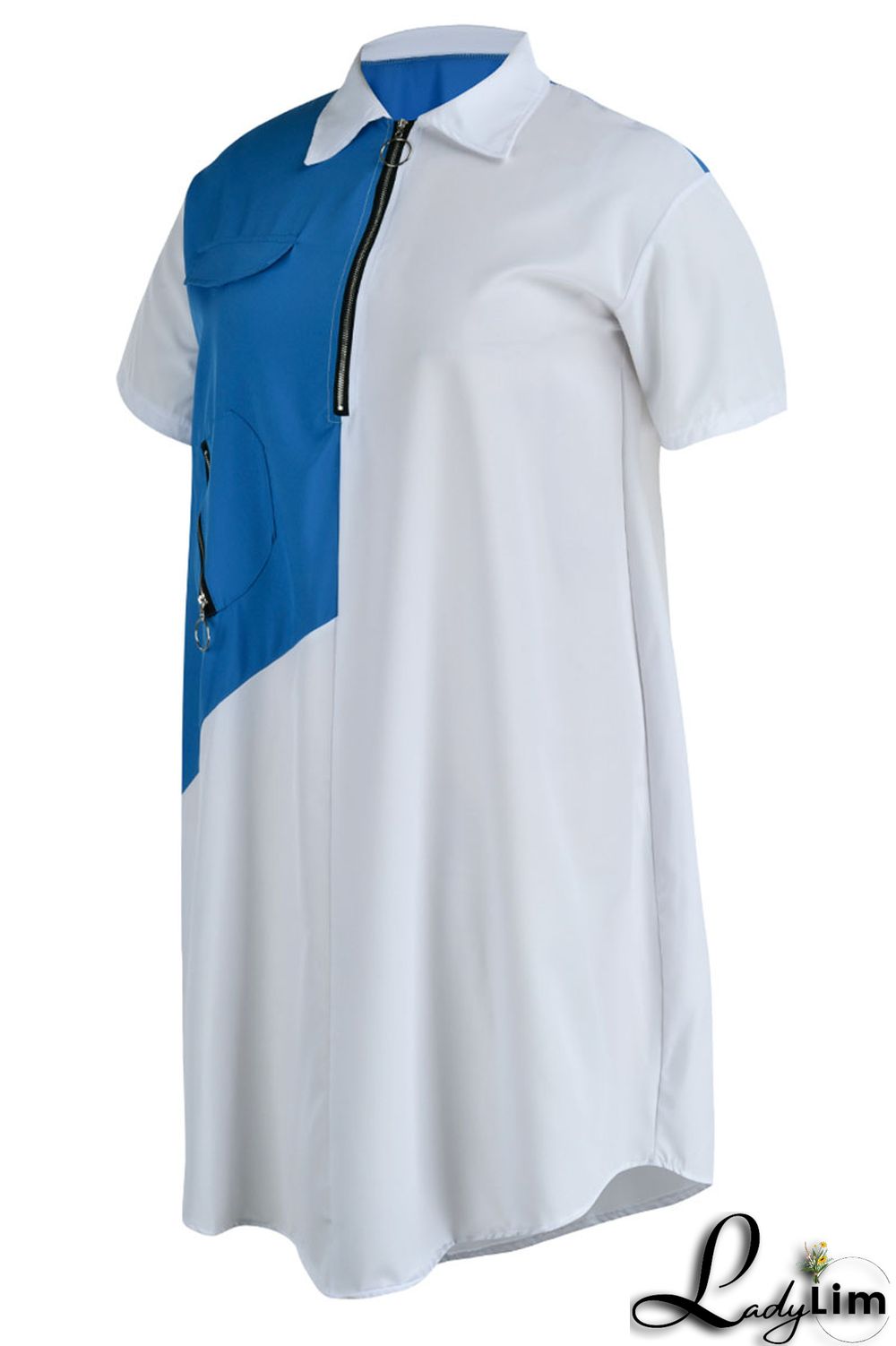 Light Blue Casual Solid Patchwork Zipper Collar Straight Plus Size Dresses