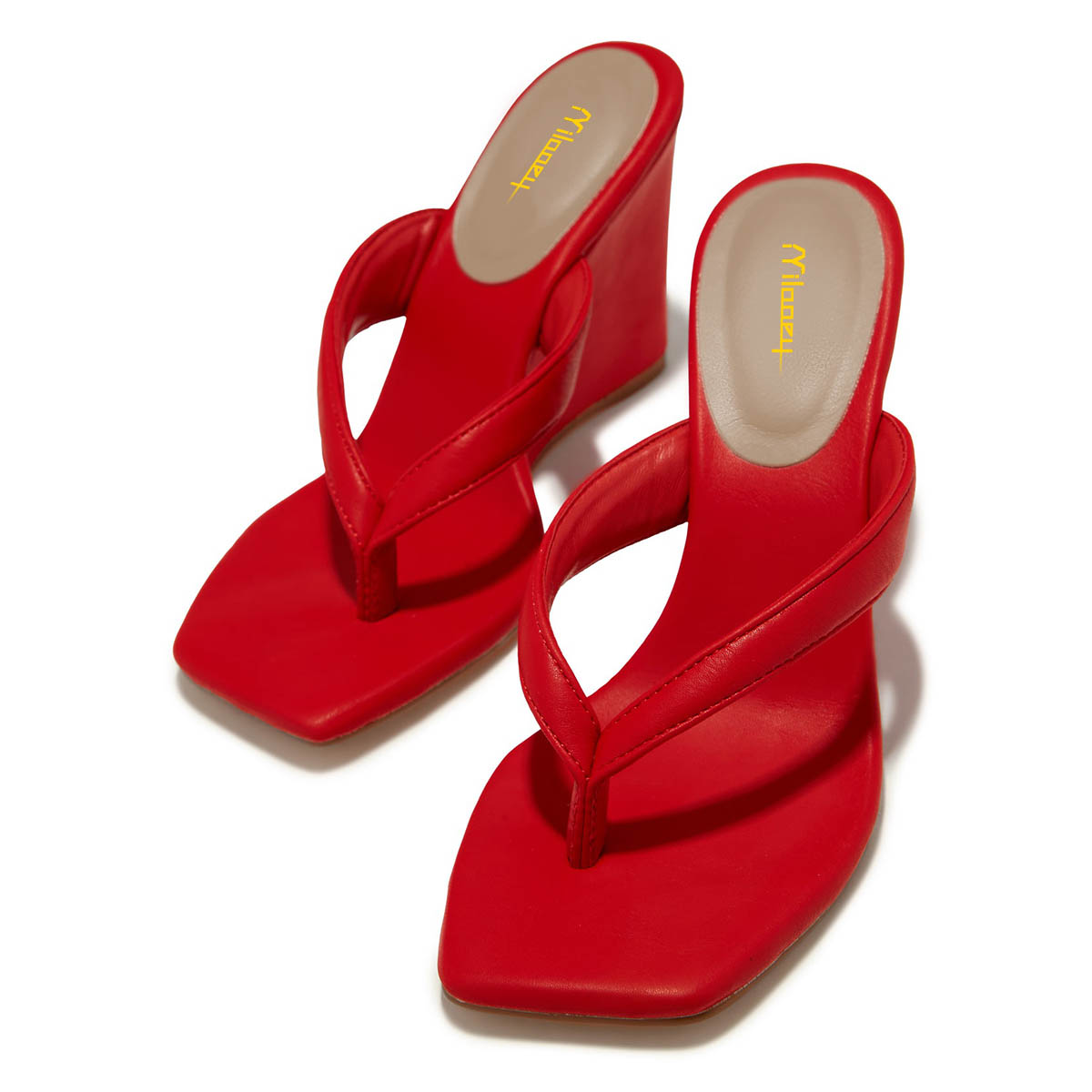 Red Vegan Leather Open Toe Mule Shoes for Women with Wedge Heel Nicepairs