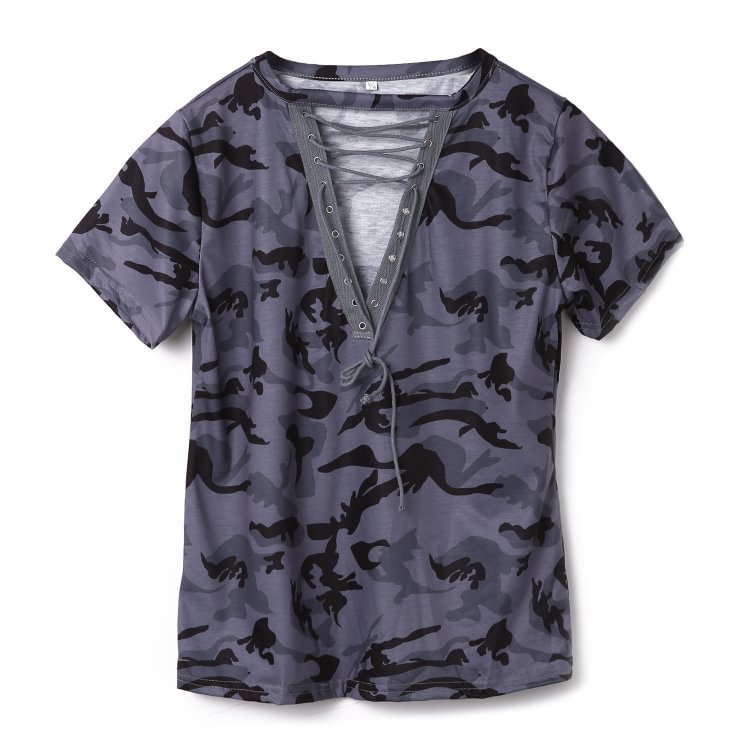 Summer New Women Short Sleeve Camouflage Loose Casual Ladies T Shirt Tops Summer Bandage Hollow Out T-Shirt Tops