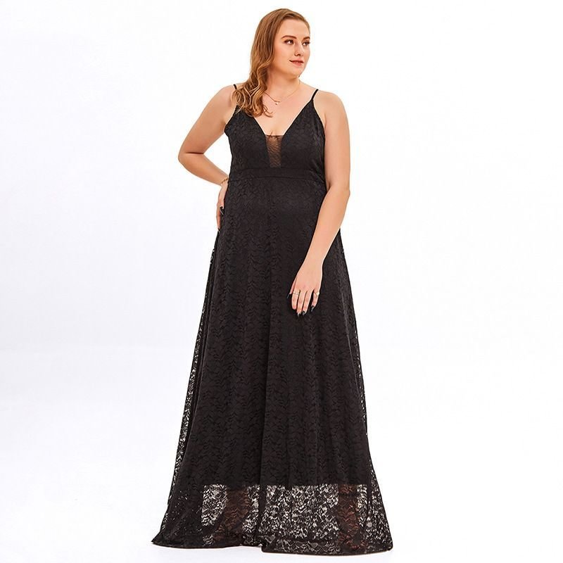 Plus Size Lace Panel  V-Neck Sleeveless Maxi A-Line Dress PL16- Fabulory