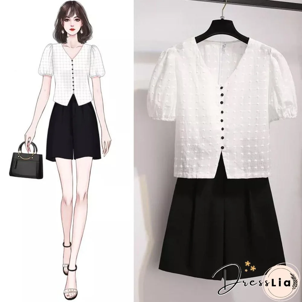 V-Collar Puff Sleeve Tee+Shorts P16164