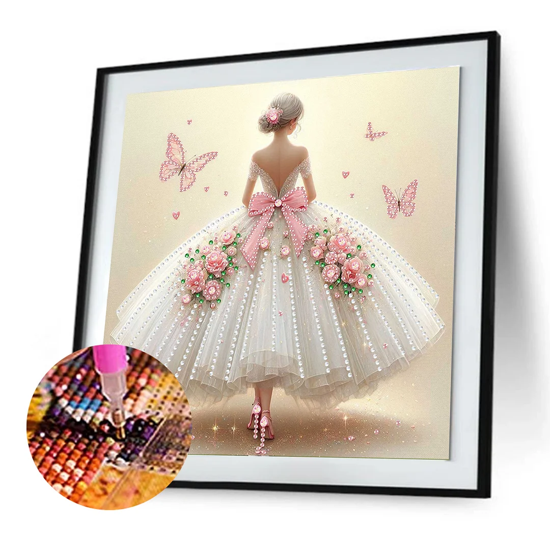 Diamond Painting - Partial Special Shaped Drill - Pink Butterfly Gown(Canvas|30x30cm)