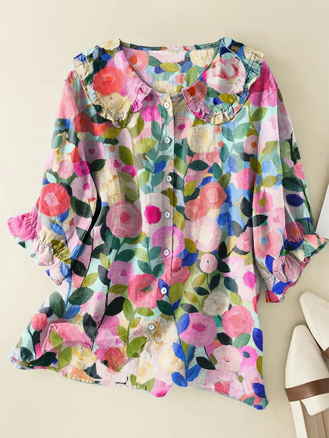 Artistic Floral Cotton and Linen Loose Peter Pan Ruffle Collar Shirt