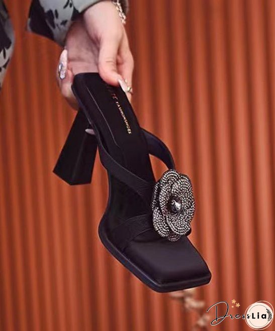 Stylish Black Chunky Heel Slide Sandals Peep Toe