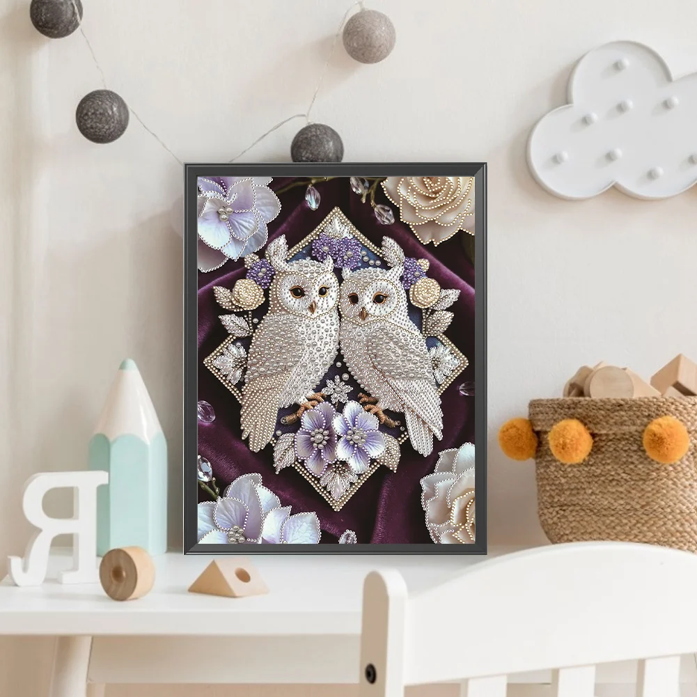 Pearl Twin Owls Special Shaped 5D DIY Partial Drill Diamond Painting Kit Home Art 30x40cm
