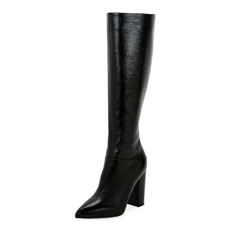 Black Chunky Heel Boots Pointy Toe Knee High Boots |FSJ Shoes