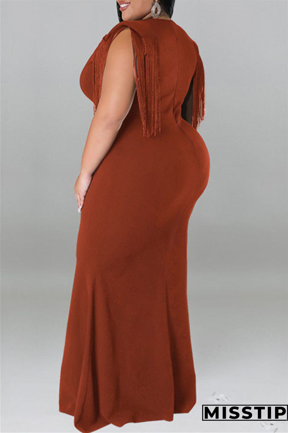 Blue Casual Plus Size Solid Tassel Patchwork V Neck Long Dress