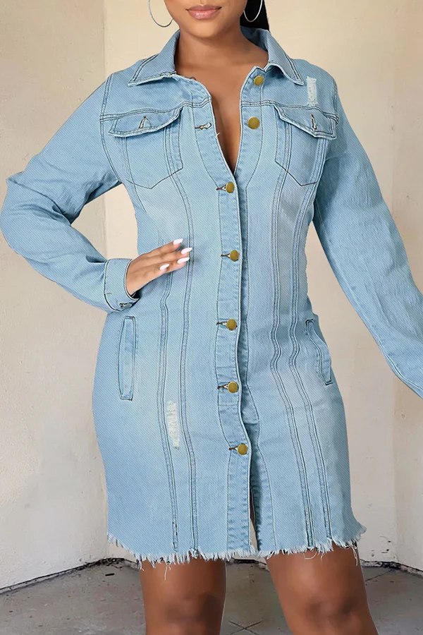 Casual Raw Trim Button Up Denim Dress