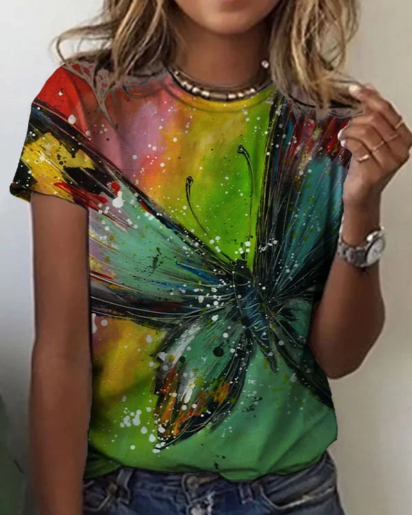 Women's Butterfly Floral Pattern Crew Neck T-shirt