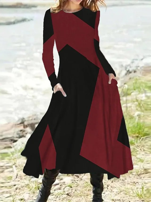 Casual Contrast Long Sleeve Maxi Dress