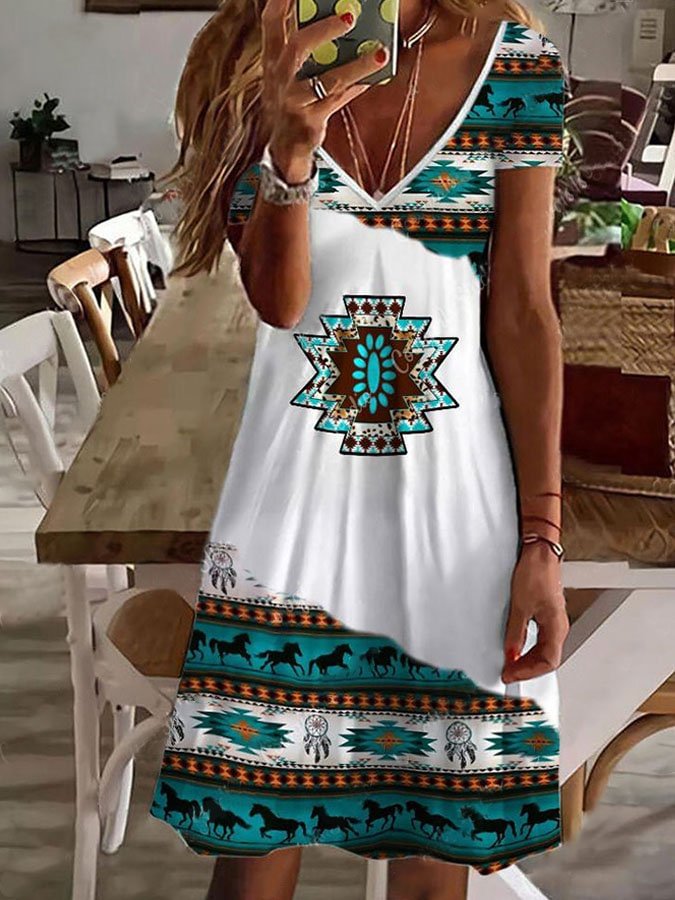 Western Print Short Sleeve Dress