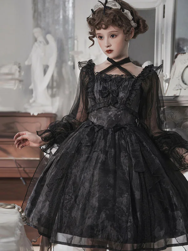 Gothic Lolita Dresses Long Sleeve Ruffles Black Empire Mesh Halloween Costume Novameme