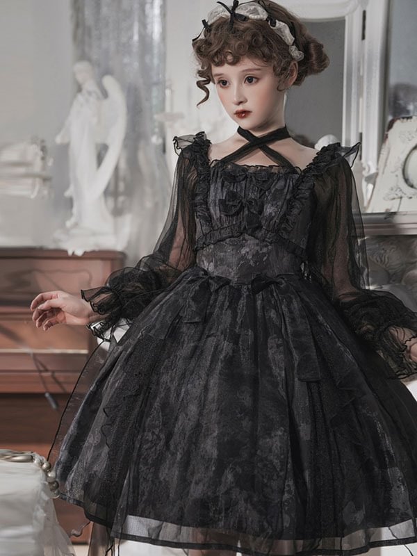 Gothic Lolita Dresses Long Sleeve Ruffles Black Empire Mesh Halloween Costume Novameme