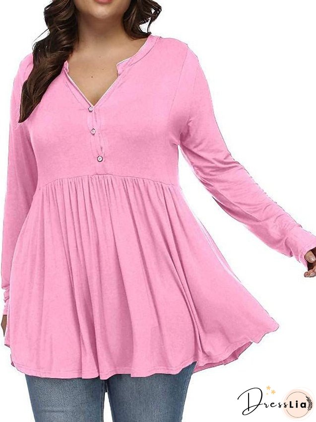 T shirt Tee Light Blue claret Deep Purple Plain Button Flowing tunic Long Sleeve Daily Weekend Basic V Neck Long Plus Size L for Women