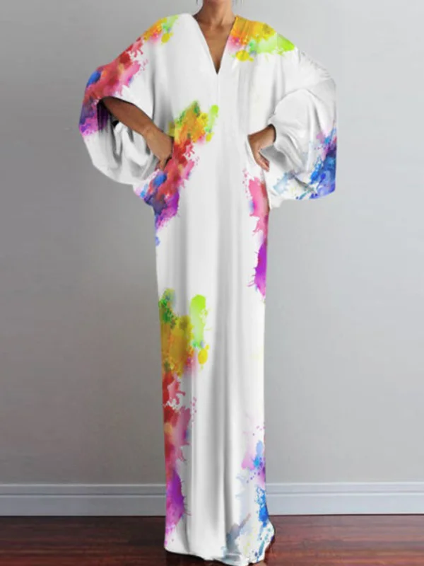 Loose V-Neck Printed Long Sleeves Maxi Dress - yankia