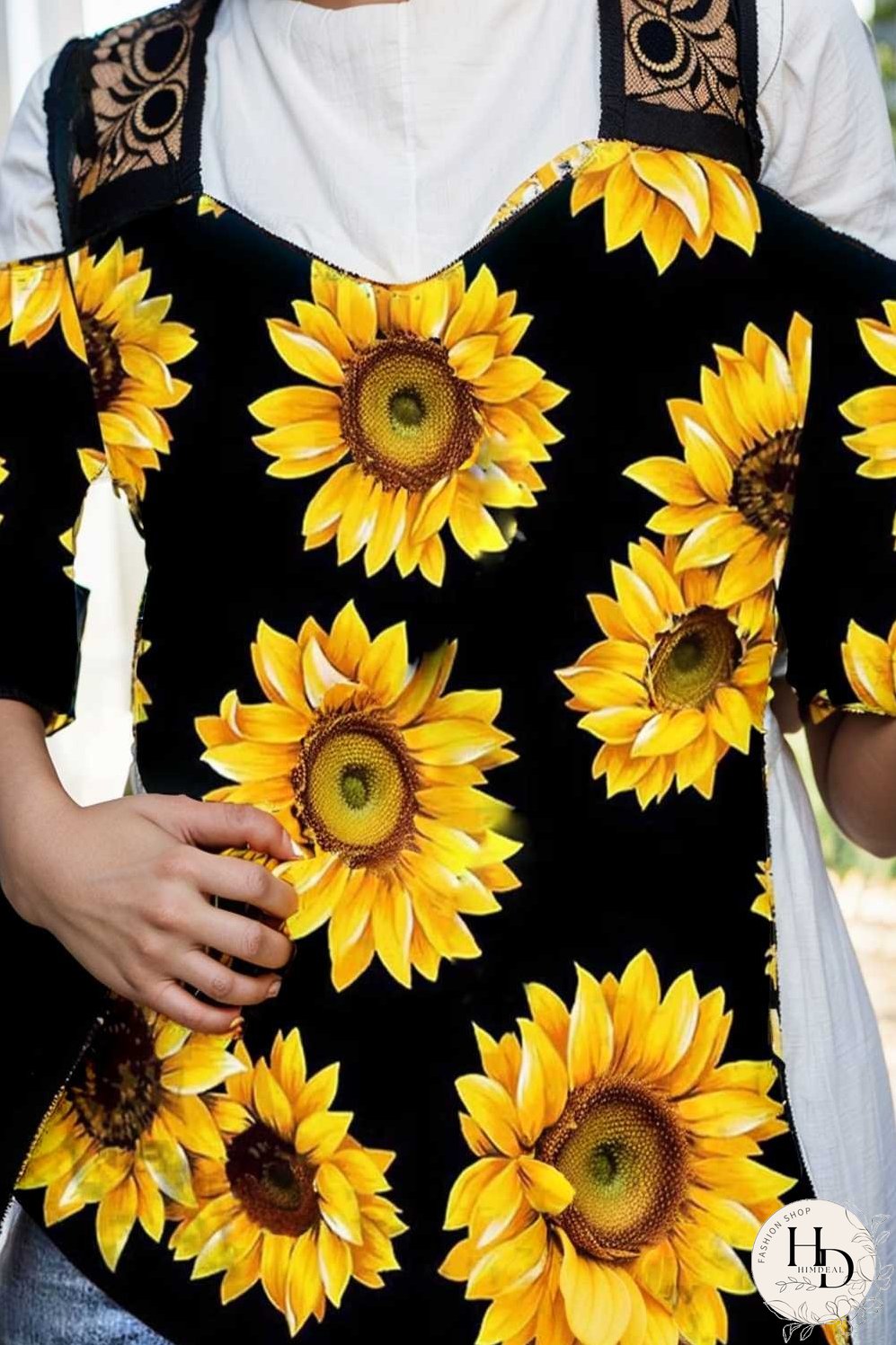 sunflower print off shoulder hollow wide shoulder strap t shirt