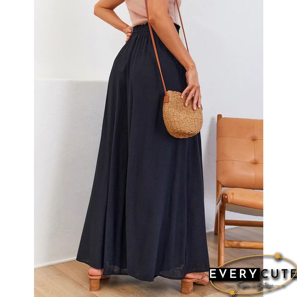 Black Elastic Waist High Waist Wide Leg Pants