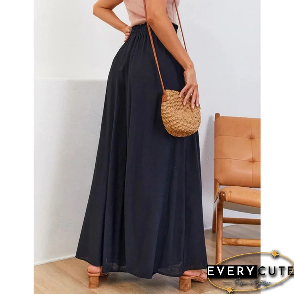 Black Elastic Waist High Waist Wide Leg Pants
