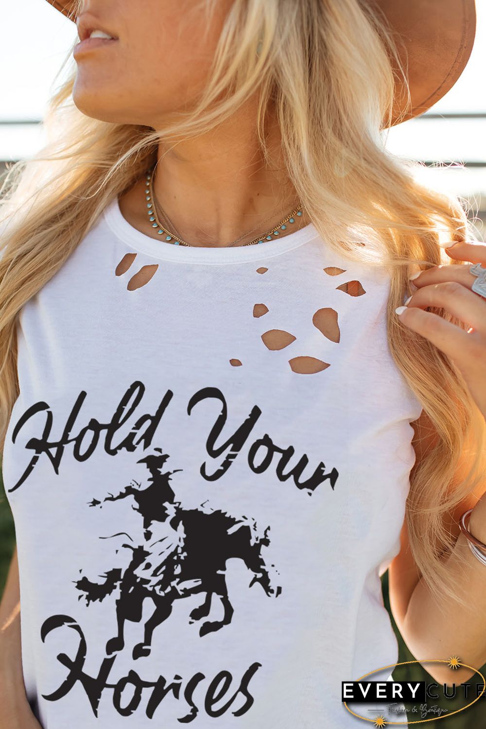 White Hold Your Horses Ripped Graphic Tank Top