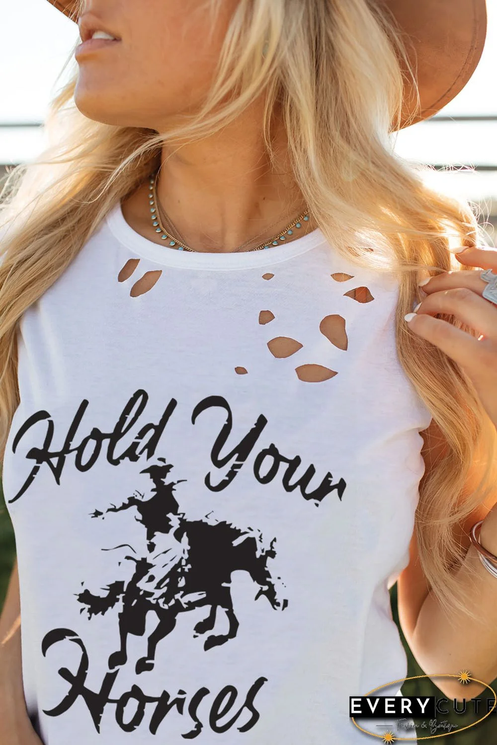 White Hold Your Horses Ripped Graphic Tank Top