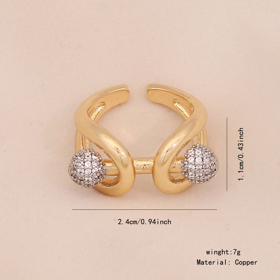 Gold Heart Zircon Ring Geometric Metal Style Live Ring Female Niche Ring R116