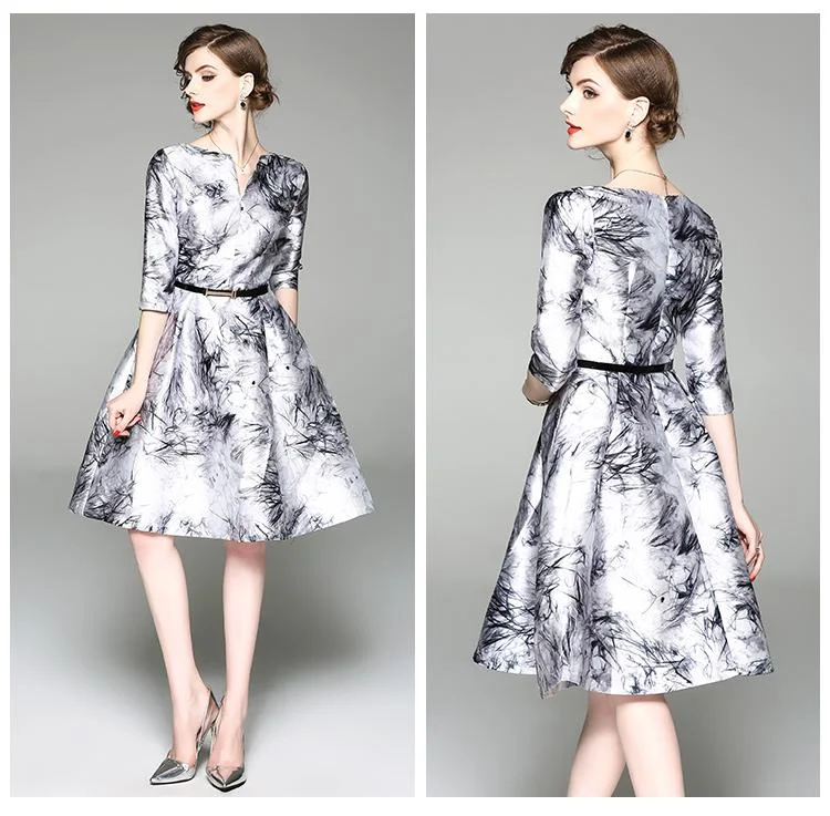 A-line satin print dress with belt