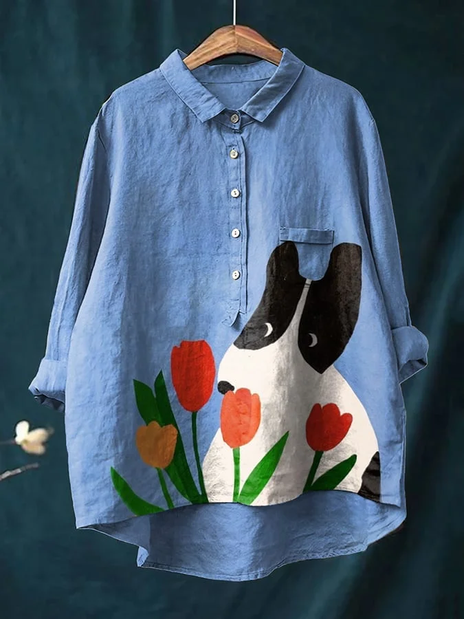 Womens Funny Cow And Flower Print Cotton And Linen Shirt