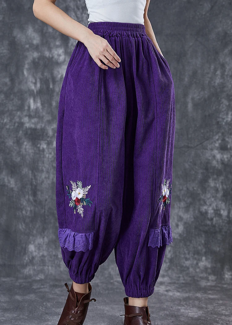Chic Dull Purple Embroideried Patchwork Corduroy Pants Fall