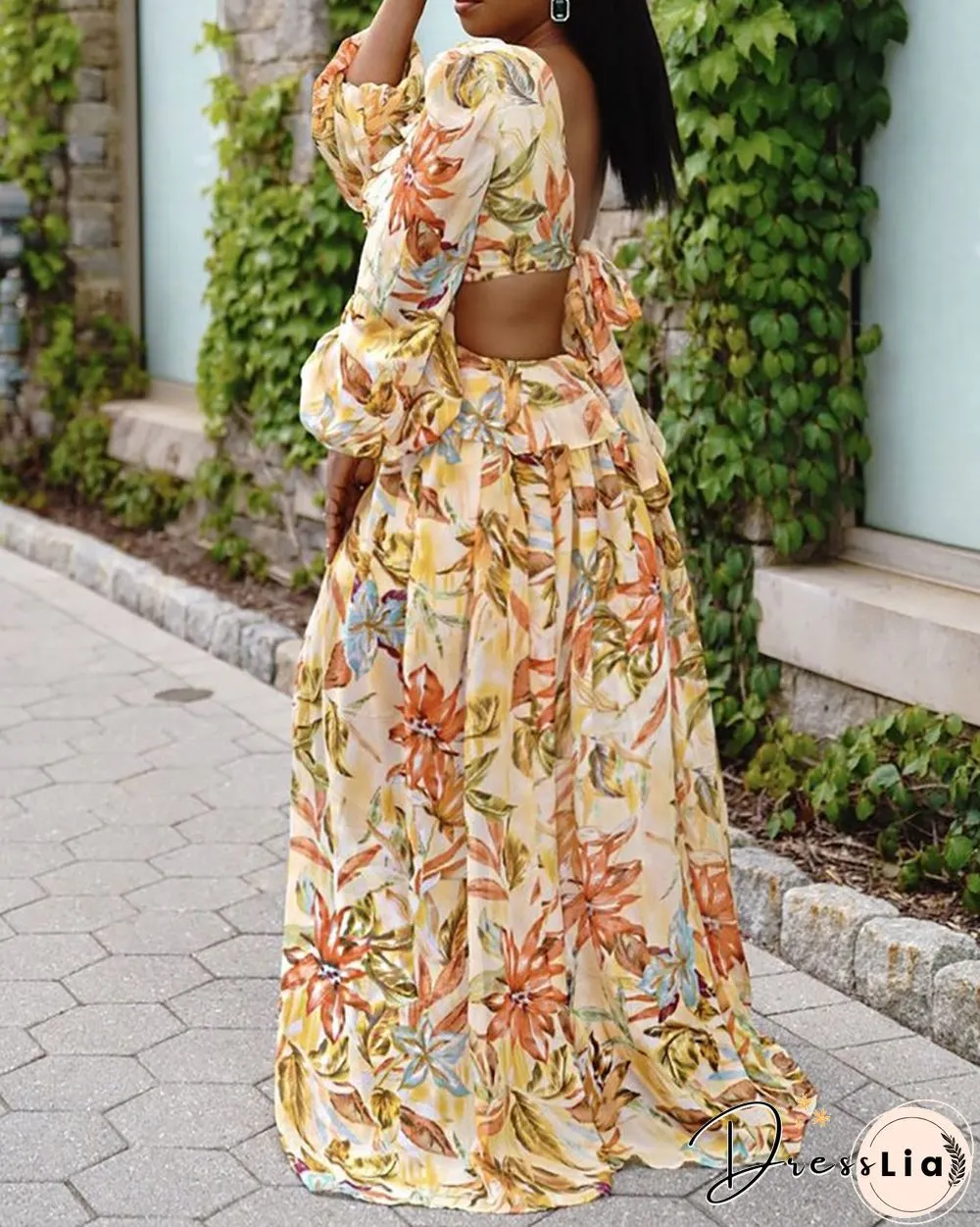 Leaf Floral Print Puff Lantern Sleeve Maxi Dress