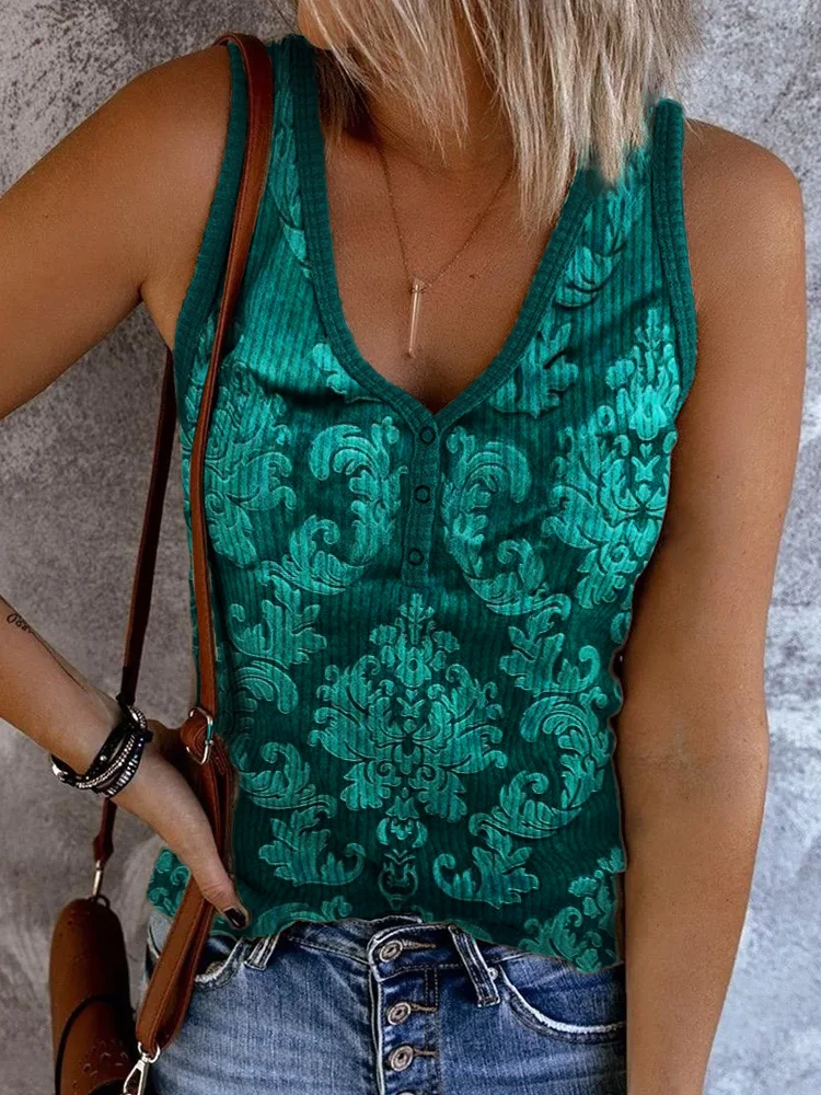 Vintage Floral Velvet Pattern Button Up Tank Top
