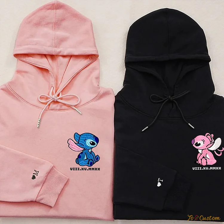 TOSCUSTOM™ Embroidered Roman Numeral Angel and Stitch Sweatshirts for Couples