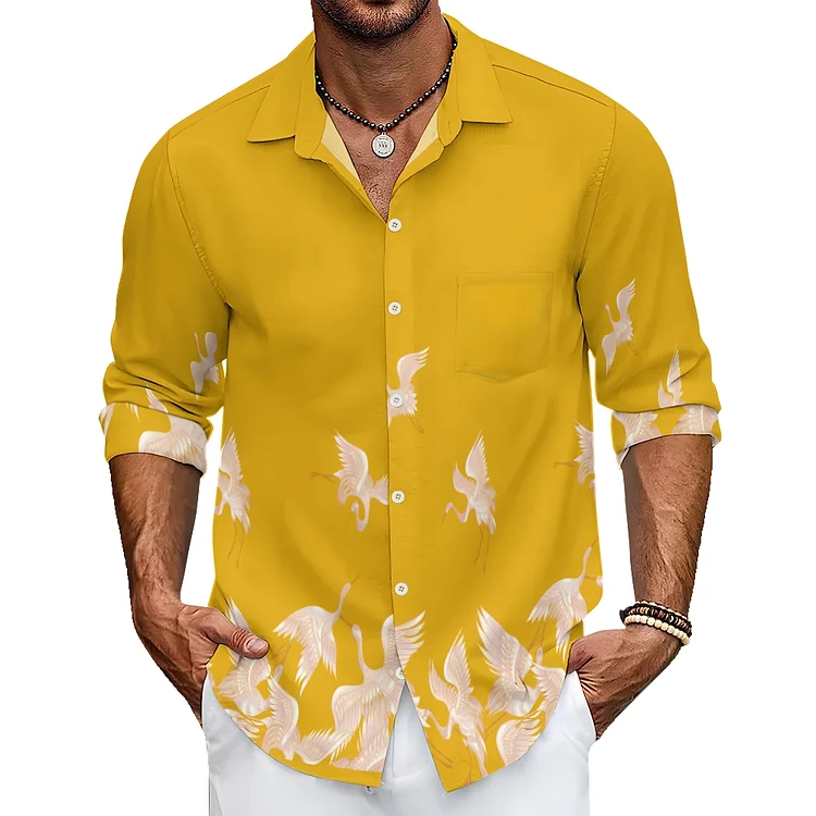 Men Shirt Crane Bird Loose Casual Collar Trendy Jacket Shirt