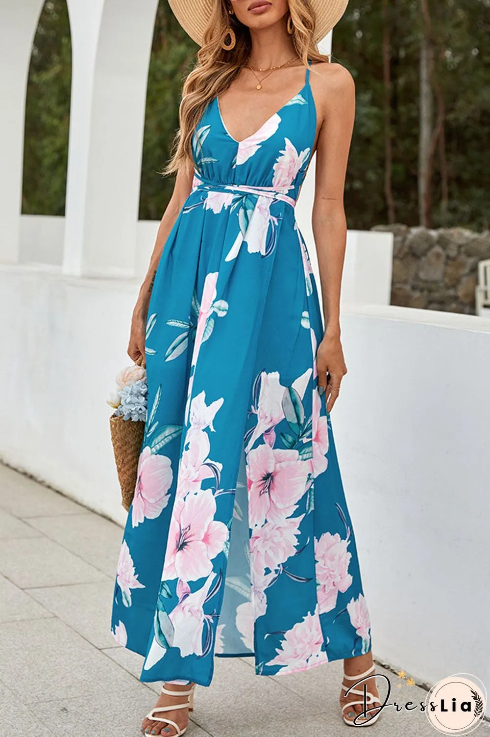 Fashion Street Print Backless V Neck A Line Dresses