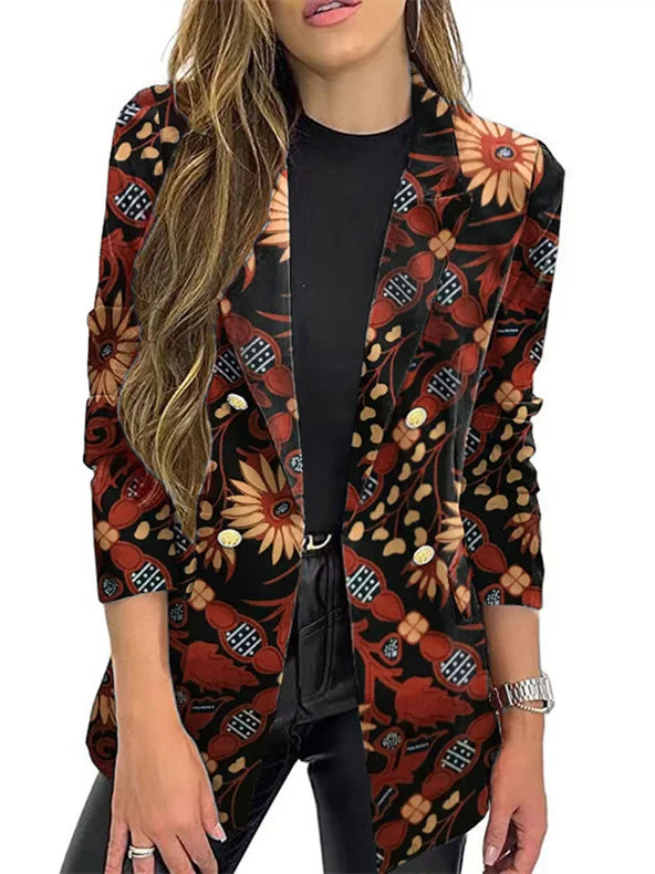 Women Long Sleeve Shirt Collar Floral Printed Striped Graphic Top Coats
