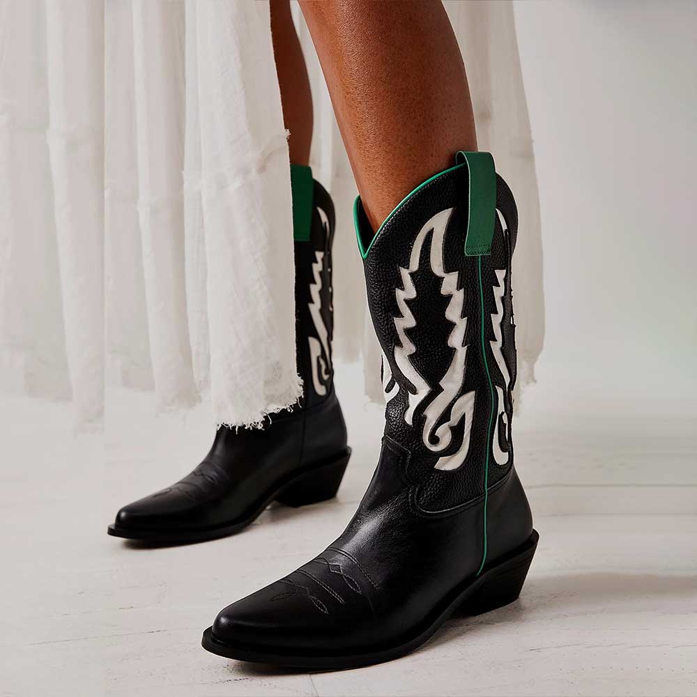 Black Vegan Leather Pointed Toe White Patch-Work Classic Western Boots
