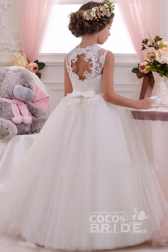 Daisda White Scoop Neck Sleeveless Ball Gown Flower Girl Dress Lace with Lace