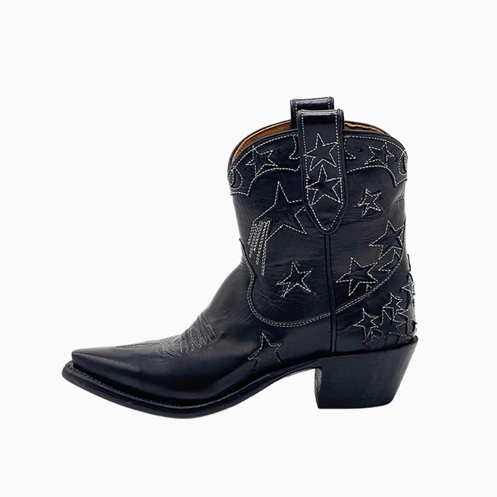 Black Pointed Toe Chunky Heel Star Embroidered Cowgirl Boots Nicepairs