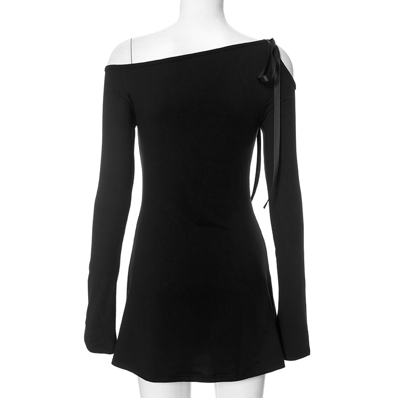 Ootddress Off-Shoulder Ruffled Bandage Mini Dress For Women Fashion Long Sleeve Patchwork Lace-Up Elegant Dress Female Solid Dress