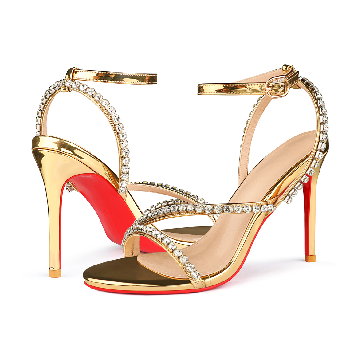 100mm Women's Sandals Round Open Toe Red Bottom Rhinestones Spotlight Wavy Straps Ankle Straps Sandals -MERUMOTE