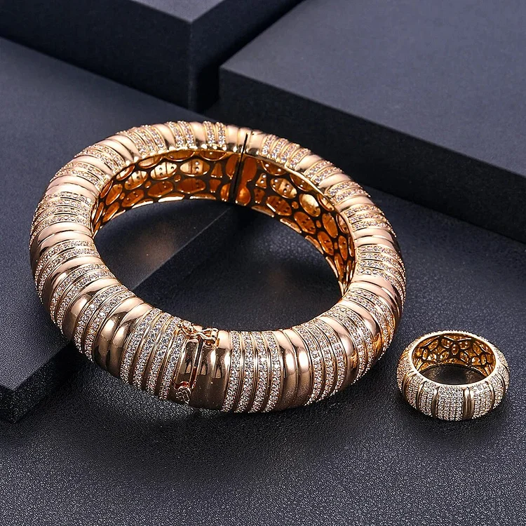Janekelly  luxury Unique African Bangle Ring Set Jewelry Sets For Women Wedding Cubic Zircon Crystal CZ Dubai Bridal Jewelry Set