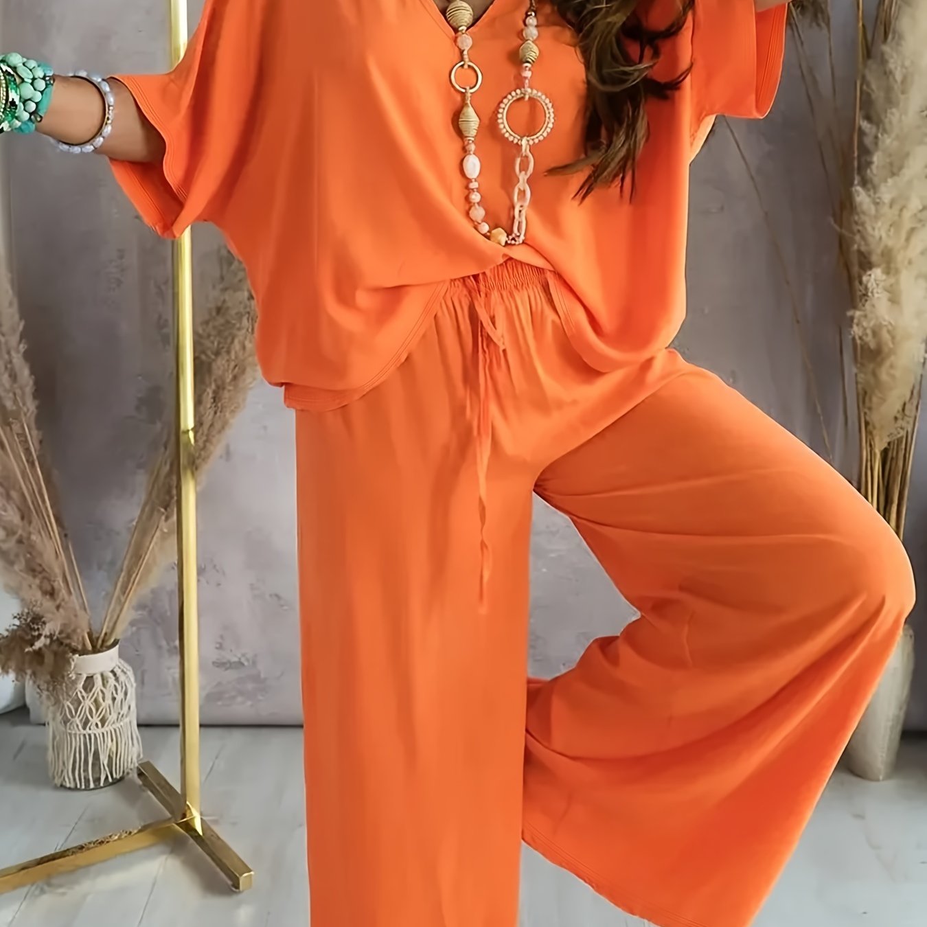 Women's Casual Solid Color Pants Set - Half Sleeve V-Neck Top & Wide Leg Pants
