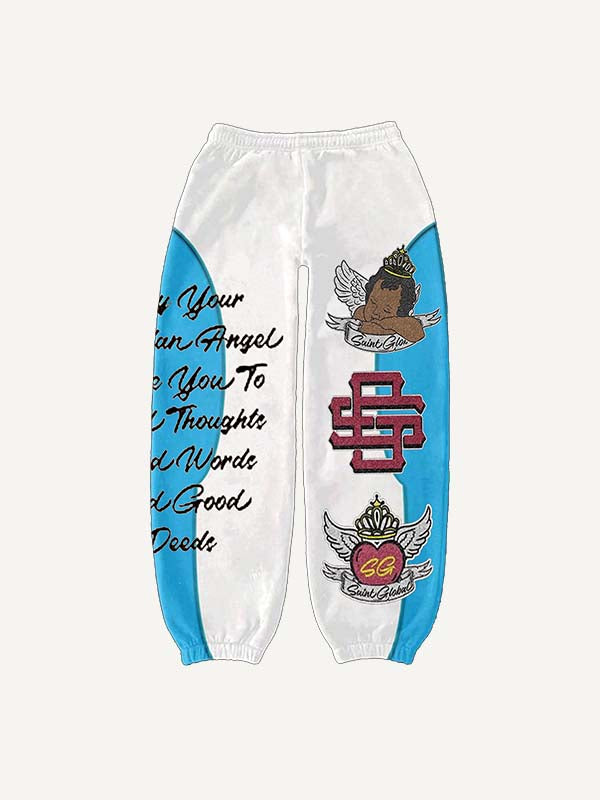 Colorblock Angel&Heart&Letter Faux Decal Print Elastic Waist Pants