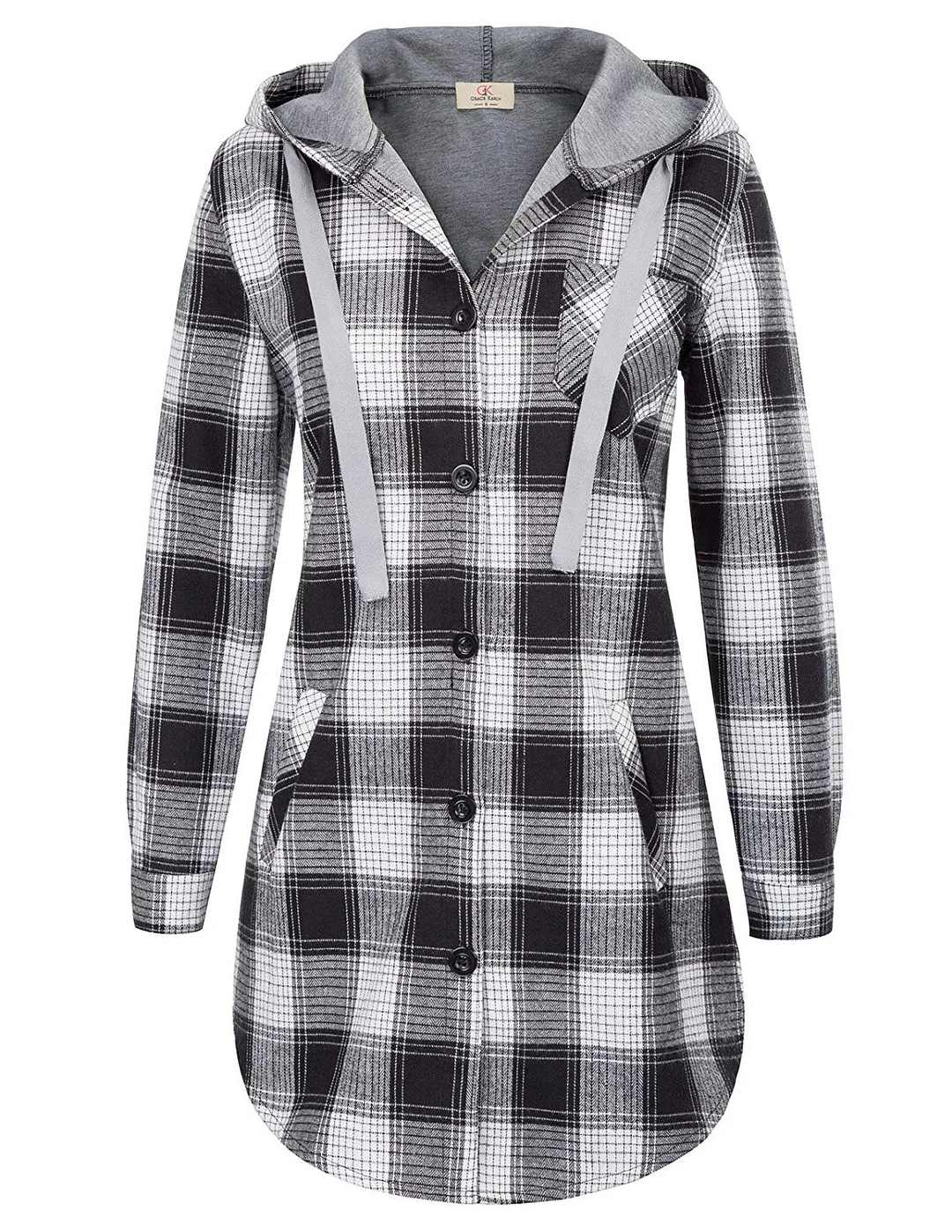 Women Long Sleeve Flannel Plaid Checker Hood Button Down Shirt Top