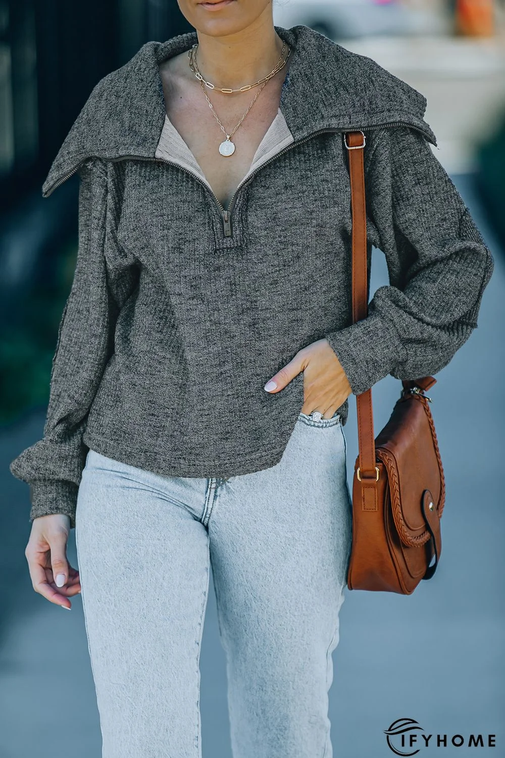 Gray Heather Ribbed Knit Elbow Patch Quarter Zip Pullover | IFYHOME