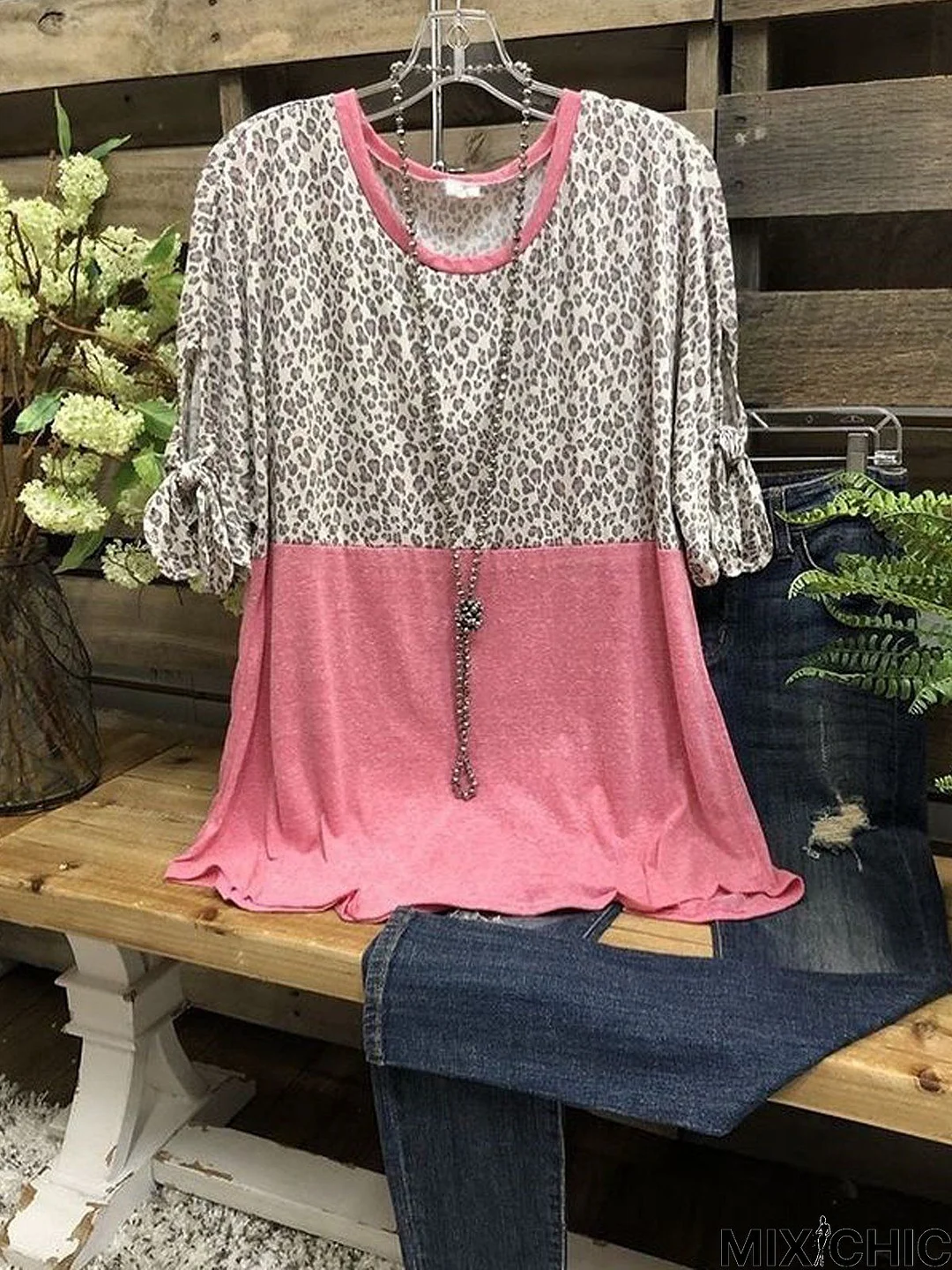 Leopard  Half Sleeve  Printed  Cotton-blend  Crew Neck Casual  Summer  Pink Top