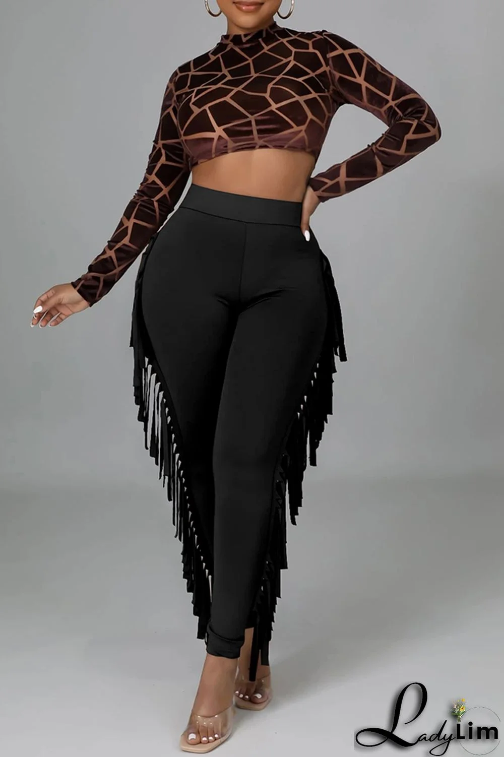 Black Fashion Casual Solid Tassel Regular High Waist Pencil Trousers