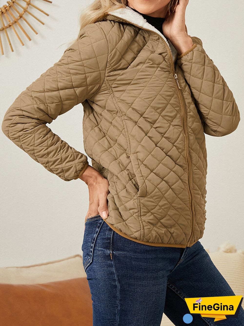 Solid Plush Zip Front Pocket Hooded Long Sleeve Coat