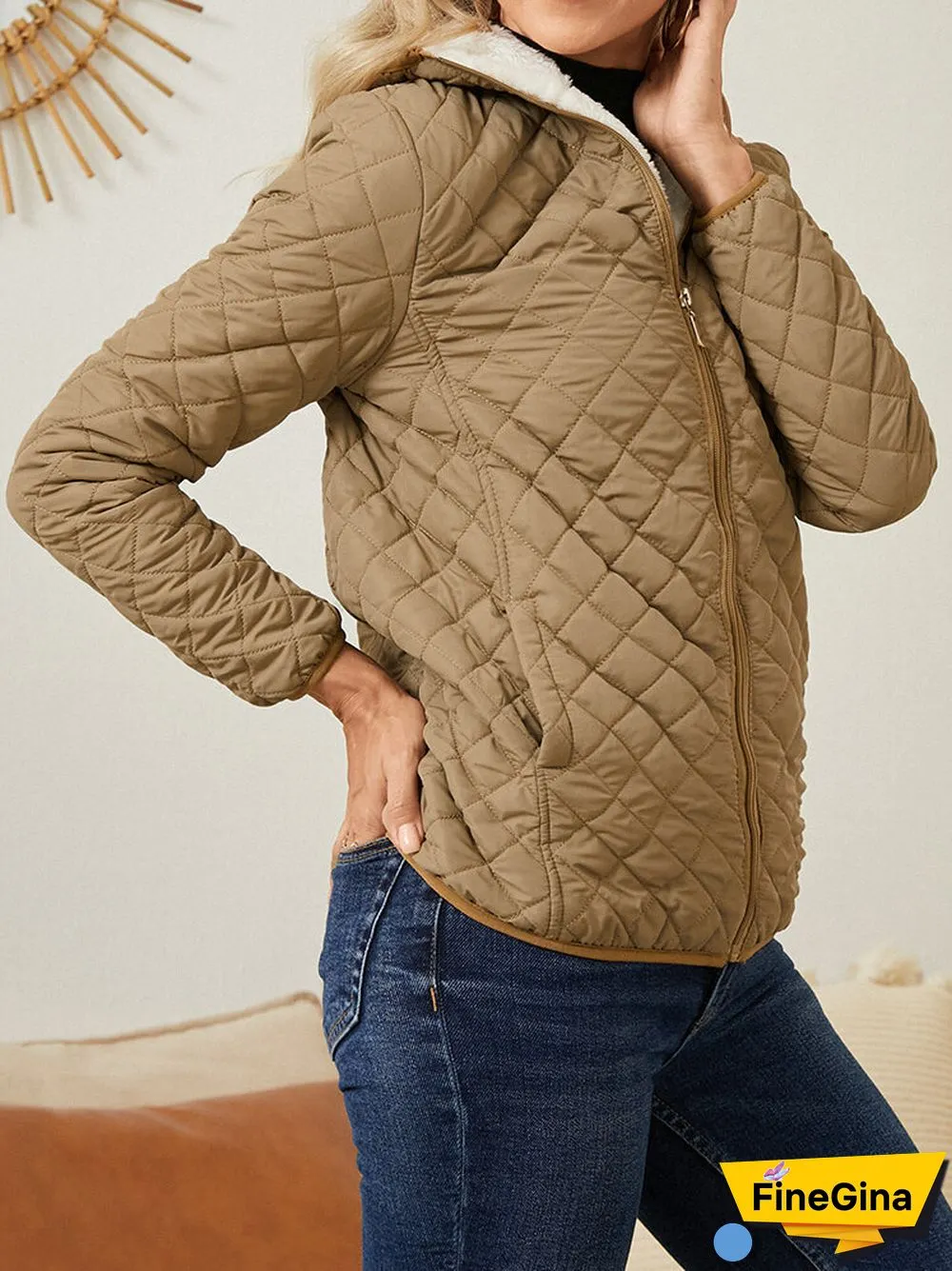 Solid Plush Zip Front Pocket Hooded Long Sleeve Coat