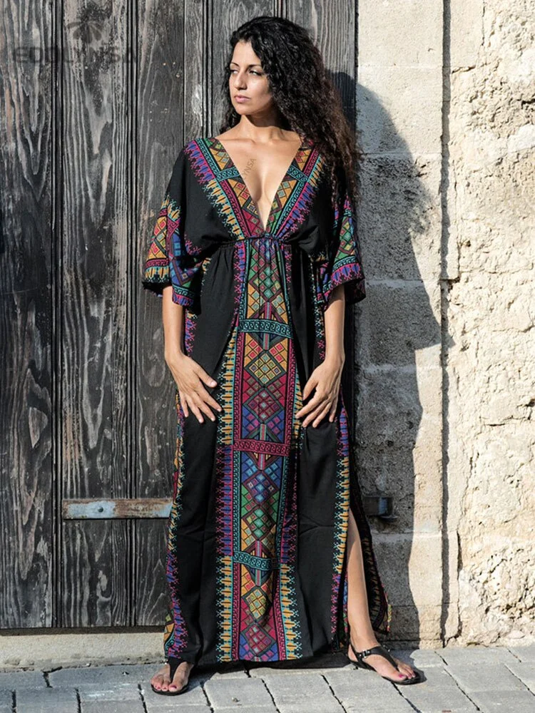 2022 Quick-drying Black Indie Folk Embroidered Long Summer Beach Dress Moroccan Kaftan Plus Size Women Beachwear Maxi Dress N910